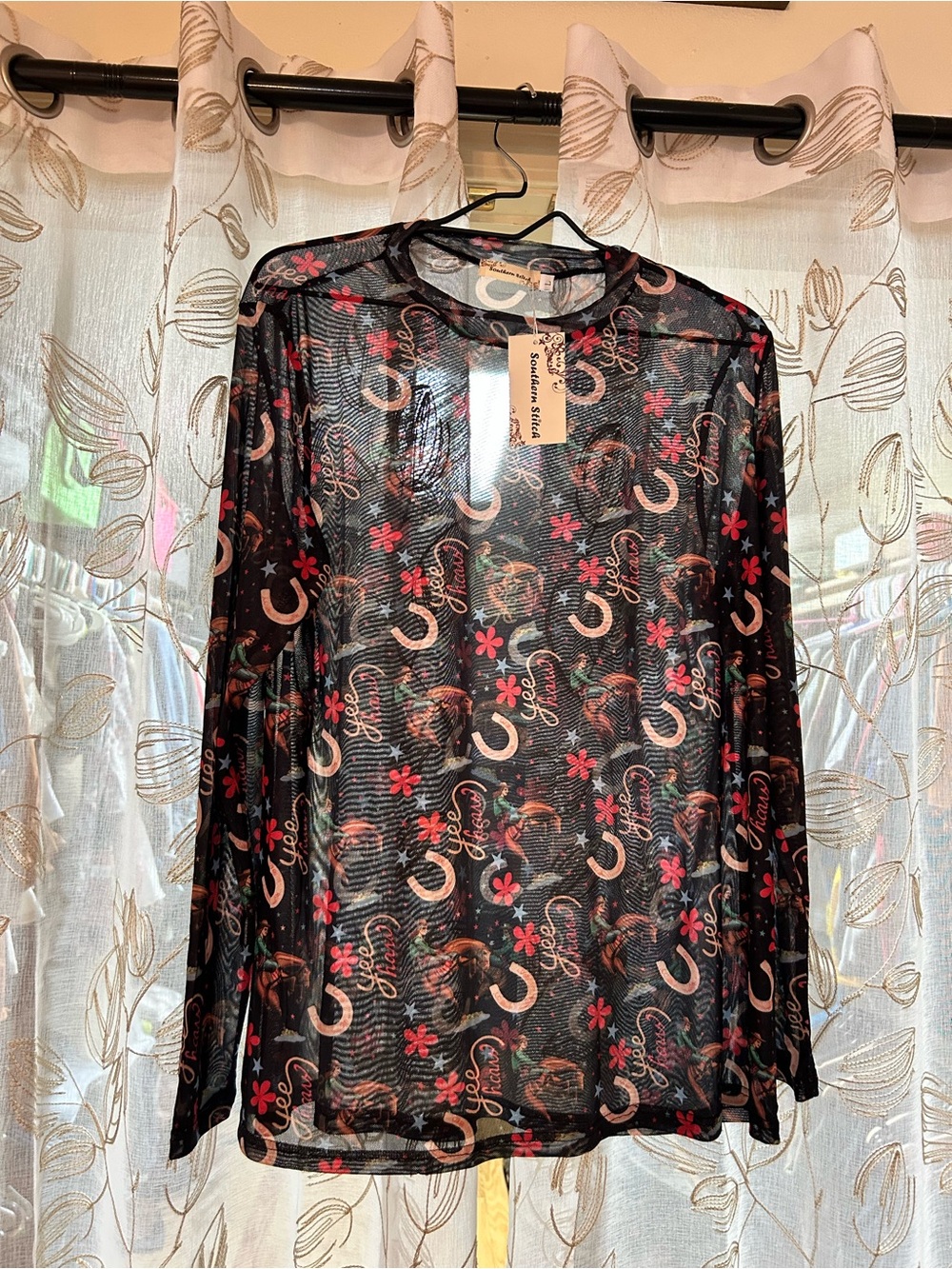 Black Sheer Long Sleeve Top with Pink Floral & Horseshoe Print